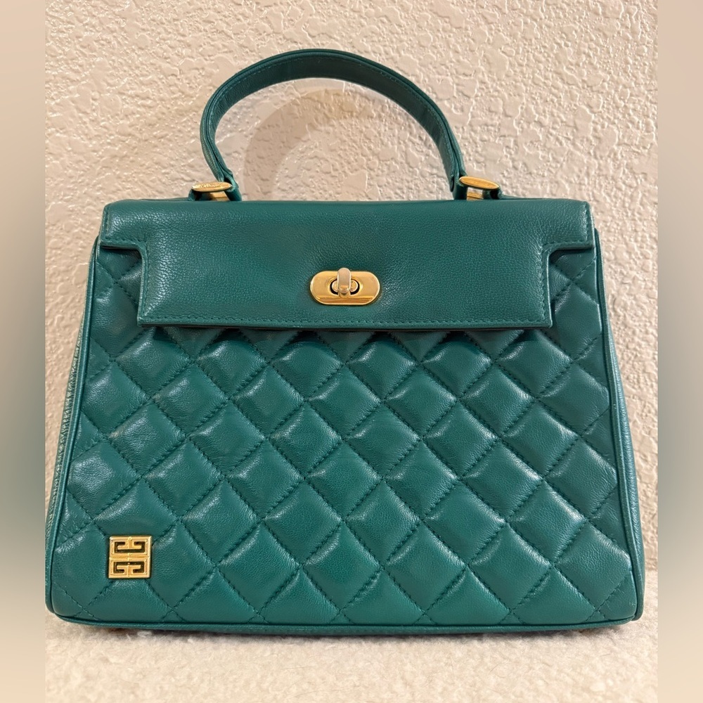Givenchy Vintage Quilted Green Top-Handle Satchel with Gold Hardware